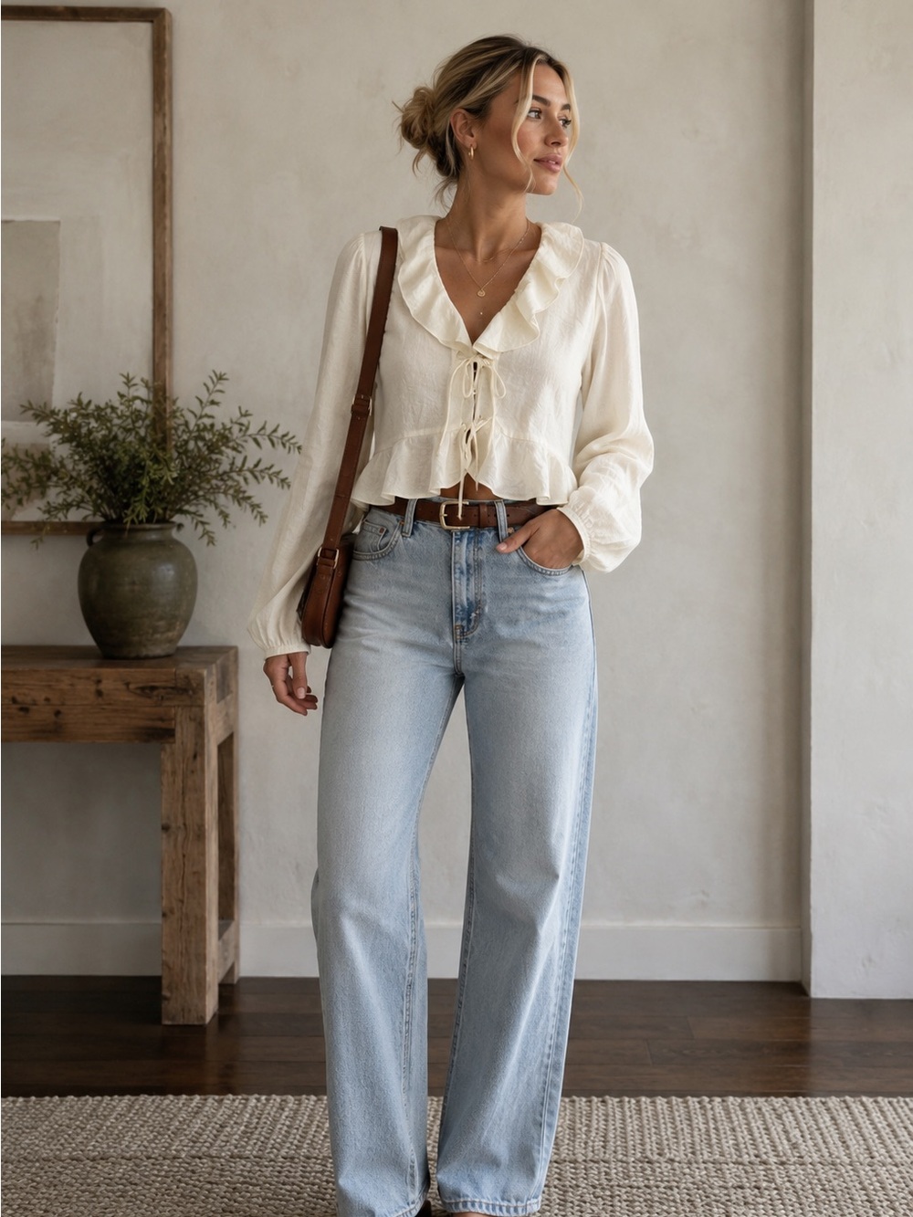 Reitmans Cream Ruffle Tie-Front Blouse